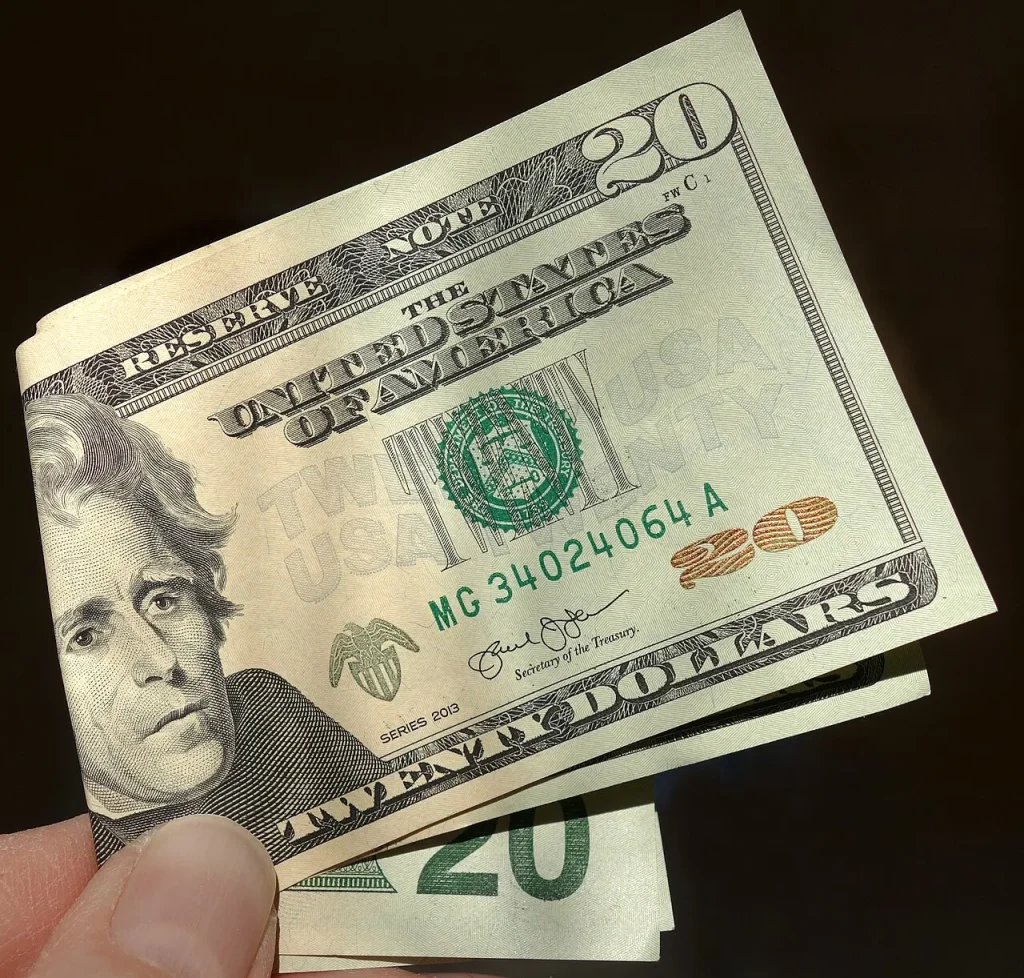 Hands holding folded twenty dollar banknotes, representing everyday money decisions