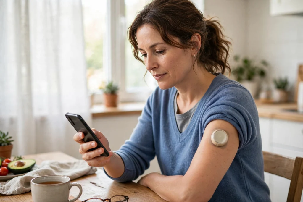 Adult with type 2 diabetes using a continuous glucose monitor and checking readings on a smartphone