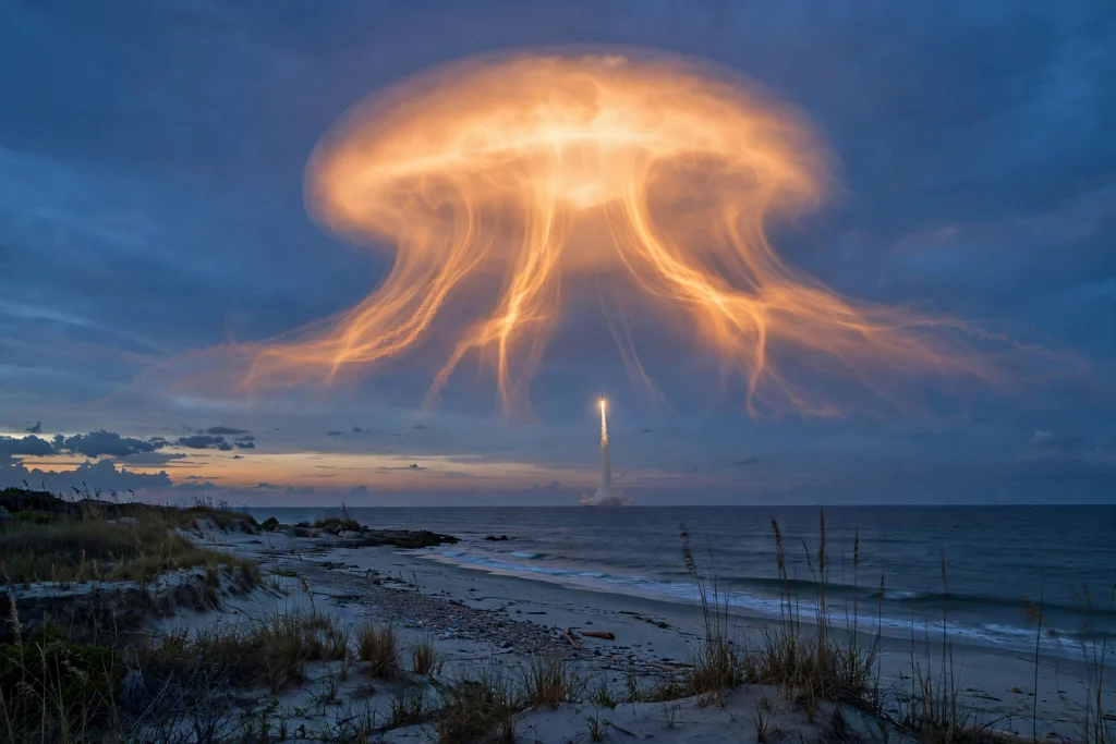 SpaceX Rocket Launch Creates Stunning Jellyfish Cloud Over US East Coast SpaceX rocket launch creating a glowing jellyfish cloud over the US East Coast at twilight